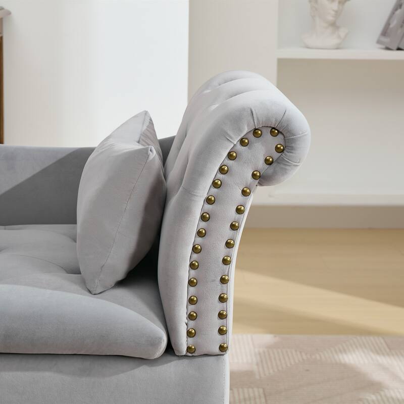 Velvet Chaise Lounge with a Storage Function, Tufted Cushions & Nailheads