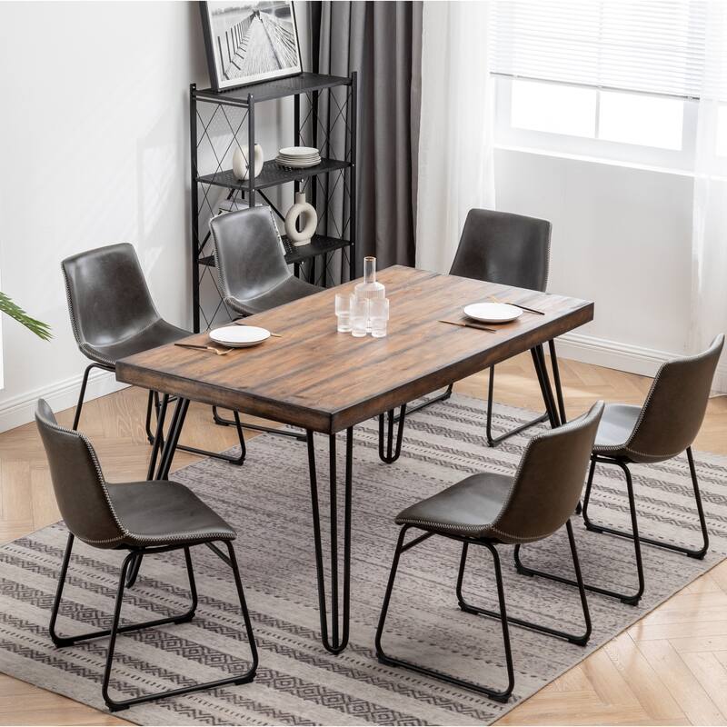 Industrial Style 7-Piece Dining Set with Rectangular Table and 6 Faux Leather Upholstered Dining Chairs