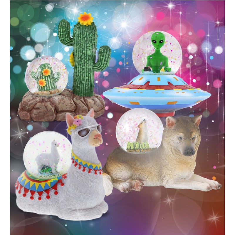 CoTa Global Llama, Wolf, Cactus Alien Space Saucer Snow Globe Set of 4 - 45 mm