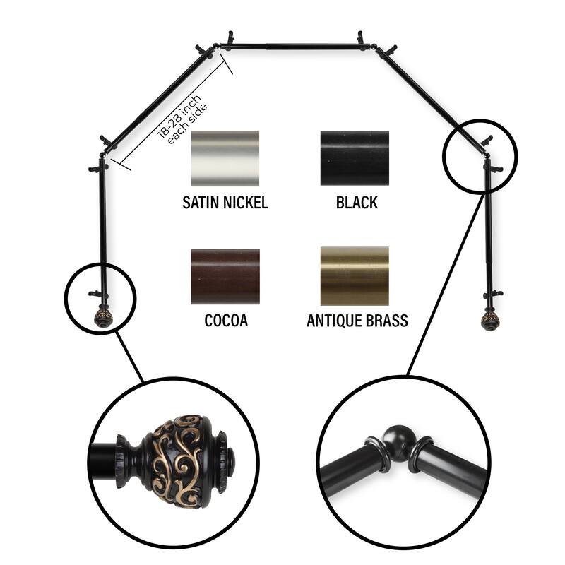 InStyleDesign 13/16" Charlie 5-Sided Bay Window Curtain Rod (18-28 inch each side) - Black