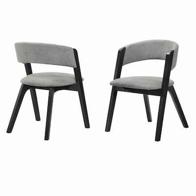 Fabric Upholstered Round Back Wood Dining Chair, Set of 2, Black and Gray