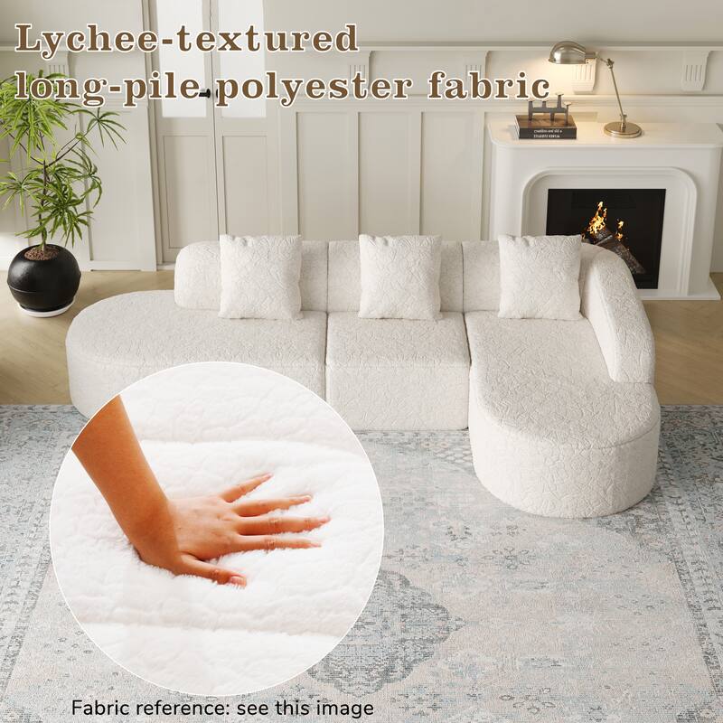 111.8" Curved L-Shaped Modular Sofa with Lychee-Textured Long-Pile Polyester Fabric and 3 Pillows for Living Room