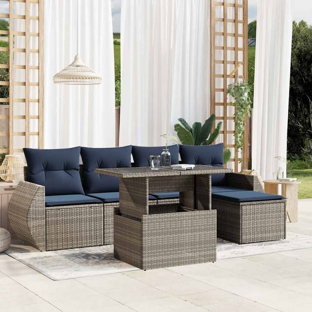 vidaXL Patio Sofa Set with Cushions and Table Outdoor 6 Piece Poly Rattan - 21.7 x 24.4 x 27.2