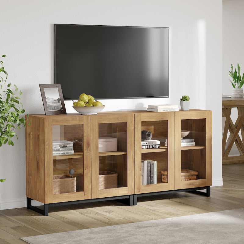 WAMPAT Modern TV Stand with Glass Doors for 110 inch TVs, Entertainment Center Console with Adjustable Shelves and Metal Base
