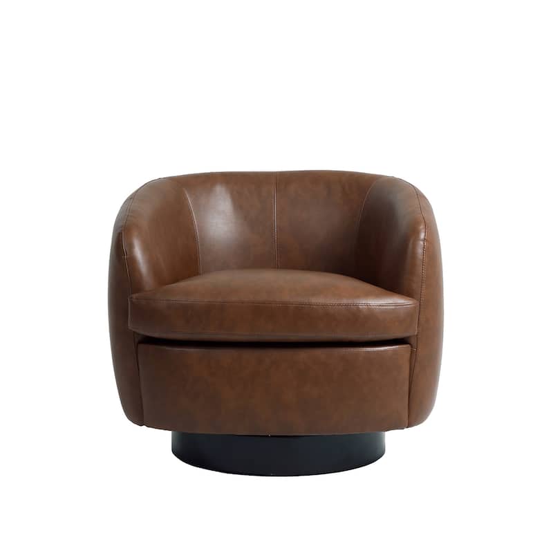 Leather Upholstered Swivel Barrel Accent Chair With Wood Base