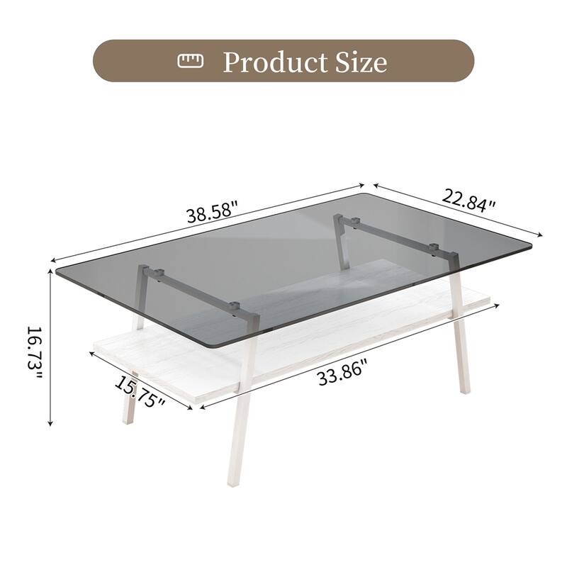 Rectangle Coffee Table, Tempered Glass Tabletop with White Metal Legs