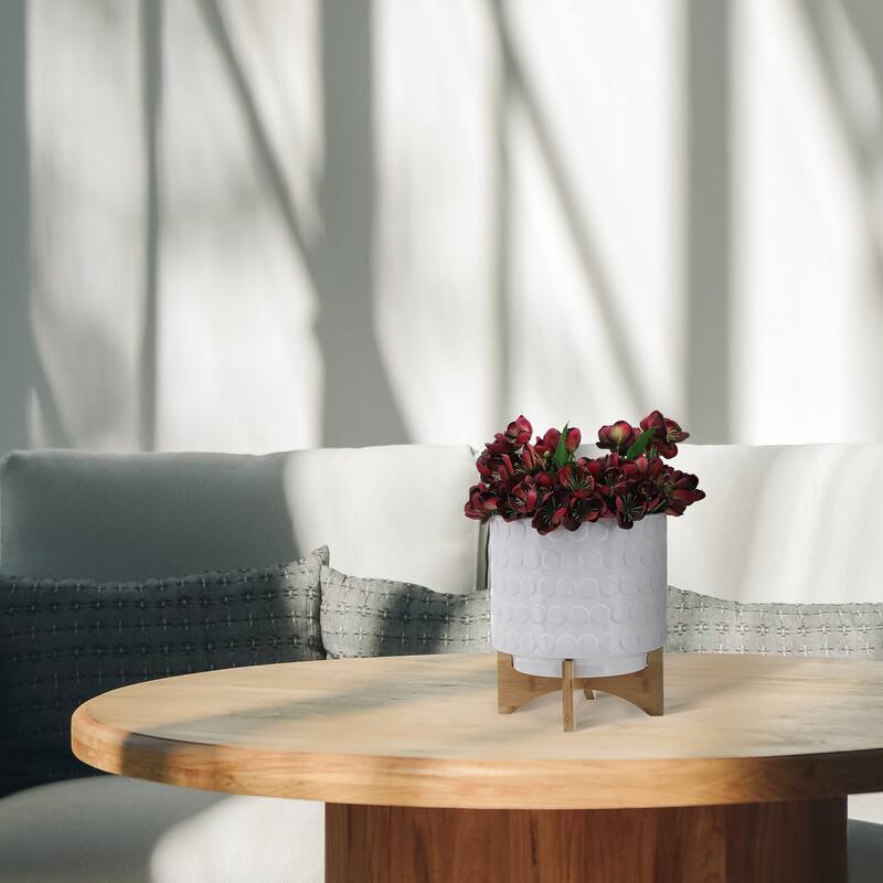 Sagebrook Home Ceramic Planters: Elevate Your Greenery with Stylish Bamboo Wood Stands - Perfect Home Decor Accessory