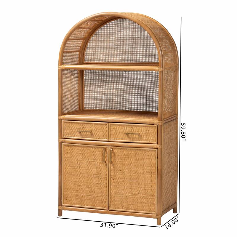 Mairen Arched Natural Rattan Storage Cabinet - Handwoven Pole Rattan Hutch with Two Drawers and Doors, Boho Coastal Cabinet