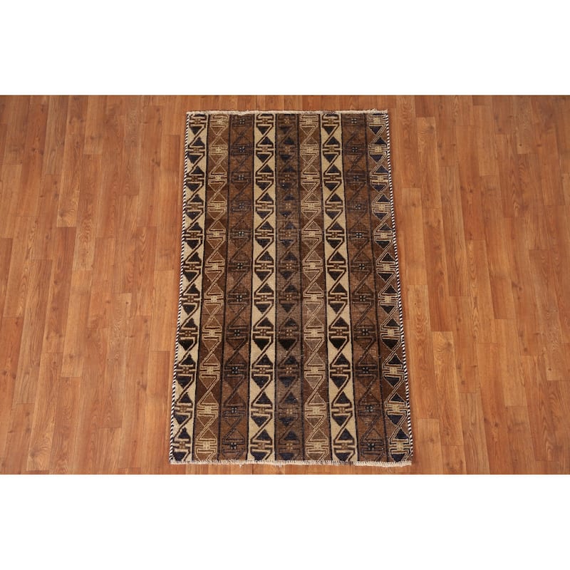 Brown Geometric Balouch Persian Vintage Rug Hand-knotted Wool Carpet - 2'11"x 5'0"