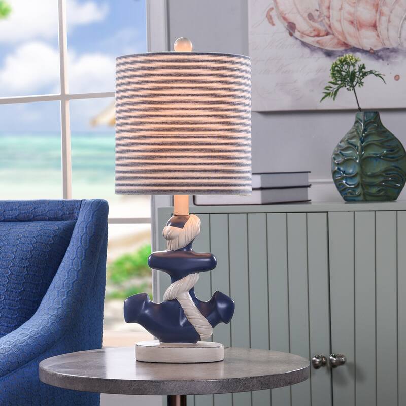 Montauk Molded Nautical Anchor Table Lamp - Navy and White Finish - Navy Blue and White Fabric Shade