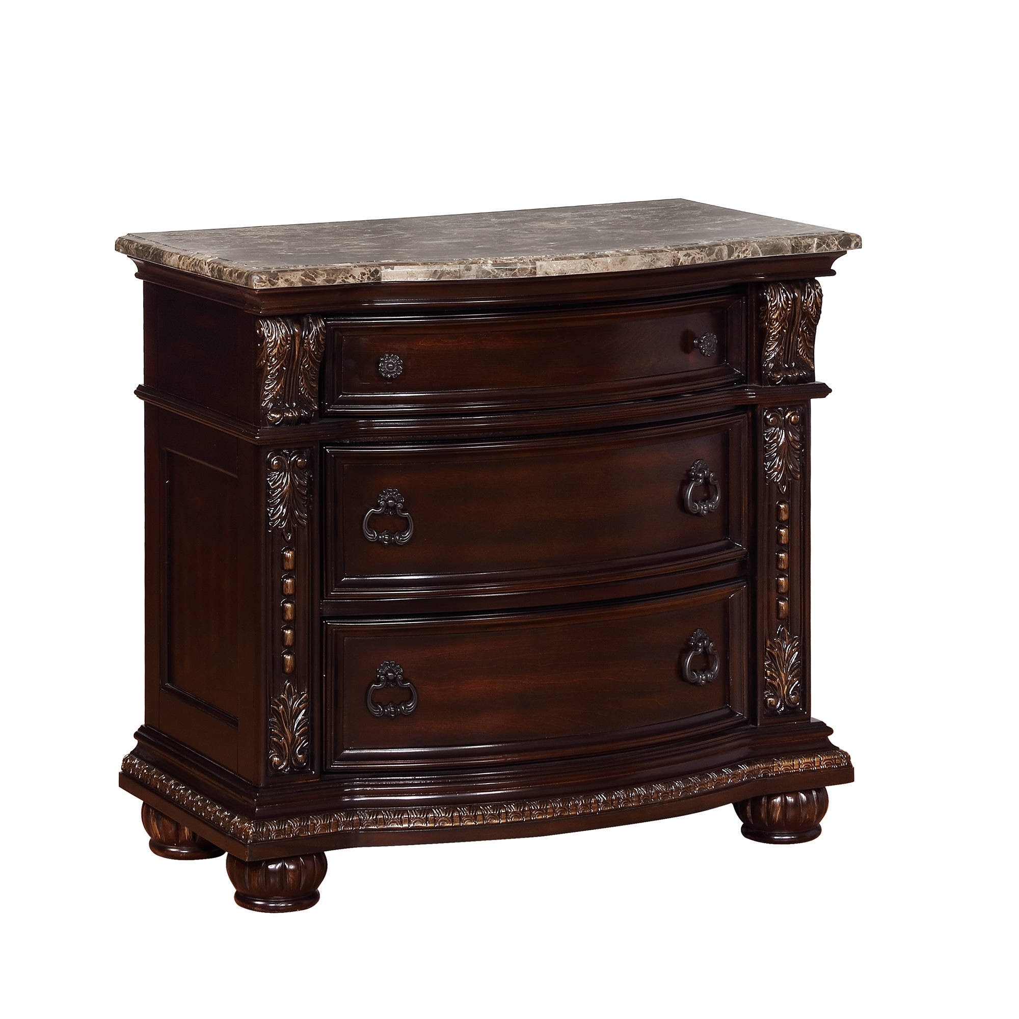 1pc traditional style end table 3-drawer nightstand with marble top rich brown cherry finish solid wood wooden bedroom
