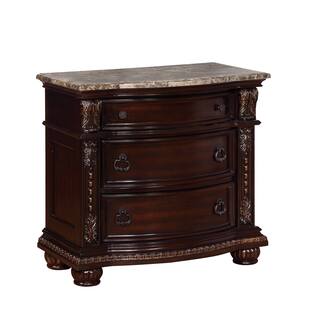3-Drawer Nightstand with Marble Top Rich Brown Cherry Finish Solid Wood Wooden Bedroom