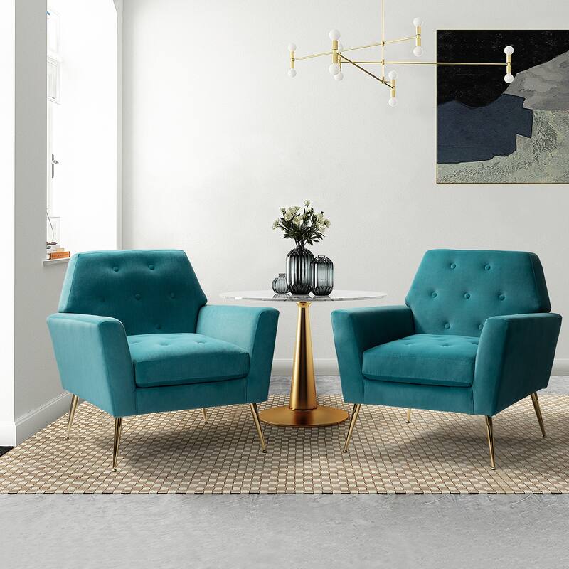 Lilia Contemporary Velvet Upholstered Tufted Back Armchair with Metal Golden legs Set of 2 by HULALA HOME