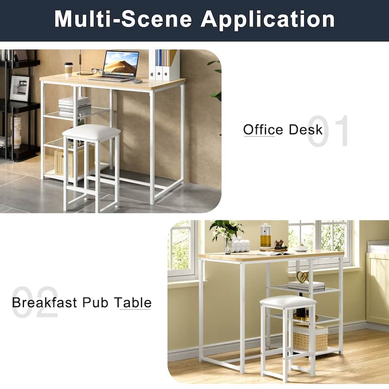 Javlergo 3-Piece Dining Table Set with 2 Backless PU Padded Chairs Space Saving Design Pub Set White/Oak & Black/Marble Options