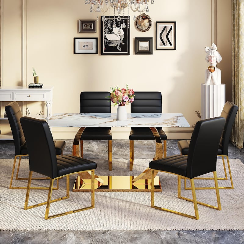 5-Piece Modern Tempered Glass Dining Table Set, 63-Inch Dining Table with 4 Minimalist Style Chairs