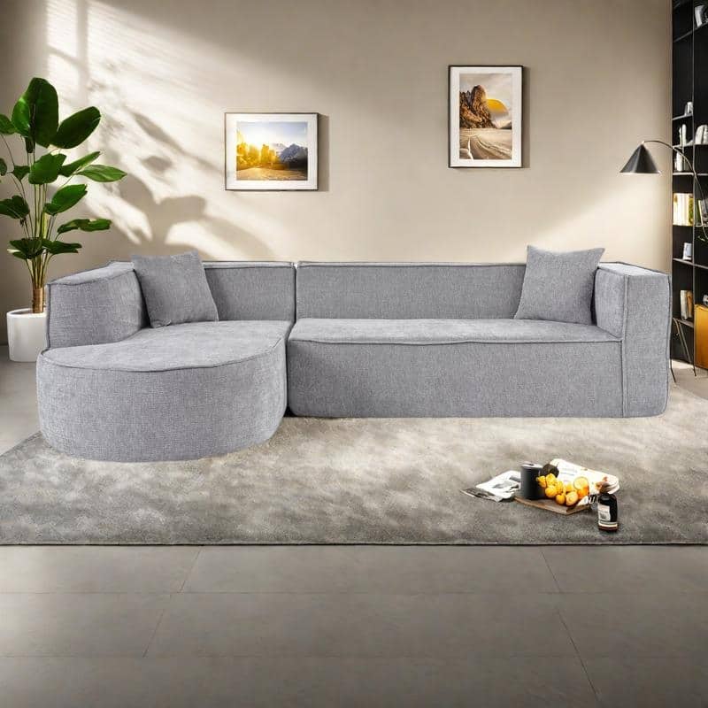 109.2" Chenille L-Shaped Sectional Sofa with 3 Seater and Throw Pillows - Gray