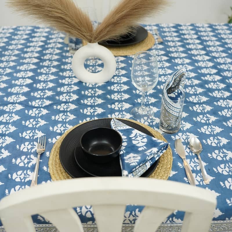 Fabdivine Handmade Block Print Cotton Table Cover Farmhouse Dining Kitchen Decor Gift - 72"X118" - Mor Mukut- Dark Blue, White