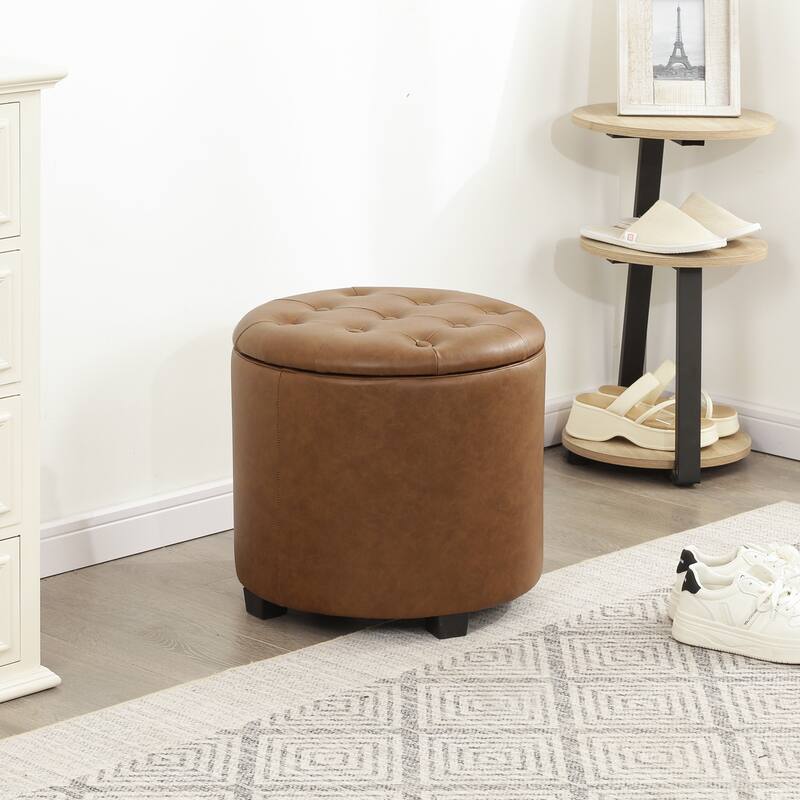 Adeco 17" Faux Leather Round Storage Ottoman with Tufted