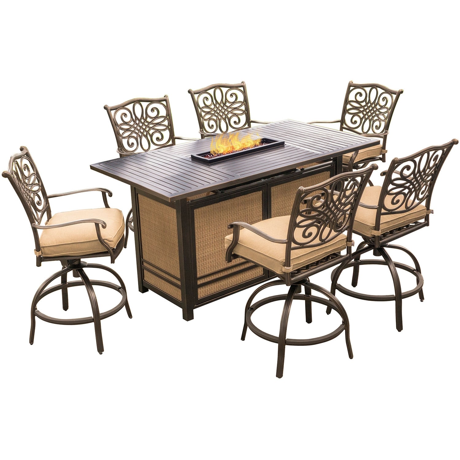 Hanover Traditions 7-pc. Tan High-Dining Set with 30,000-BTU Firepit Table
