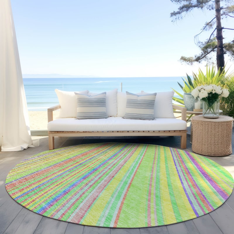 Machine Washable Indoor/ Outdoor Stripe Wave Chantille Rug - Yellow - 8' x 8'
