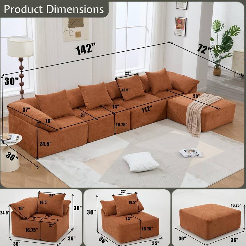 142" Chenille L-Shaped Modular Sectional Sofa with No Assembly Required, Convertible Sleeper, and Built-In Ottoman