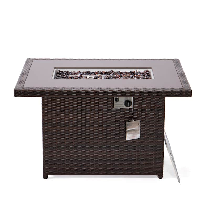 LeisureMod 44" Outdoor Fire Pit Table with 55,00 BTU - Rectangular Wicker Rattan Table for Lounge Porch Backyard Patio Decor