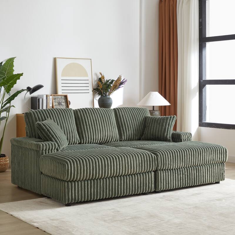 Deep Seat Sectional Loveseat Set with 2 Ottoman and 2 Pillows, Corduroy Chaise Lounge Bed with 2 Storage Spaces and Cupholding
