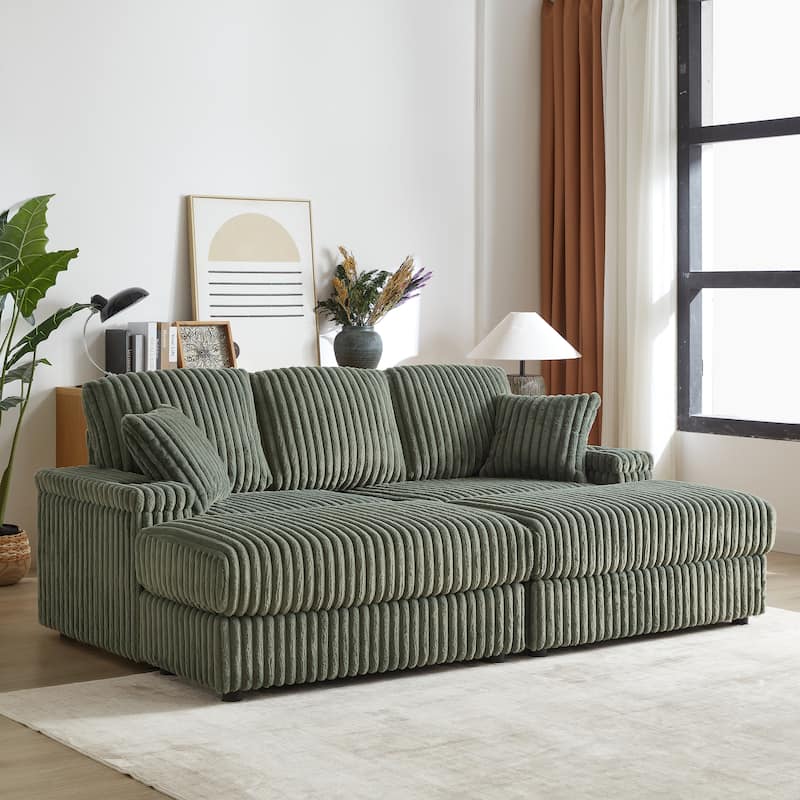 Roomfitters 84" Corduroy 3-Seater Sofa, Deep Seat Couch with 2 Ottomans, Storage, Cup Holders, 3 Back and 2 Toss Pillows - Green