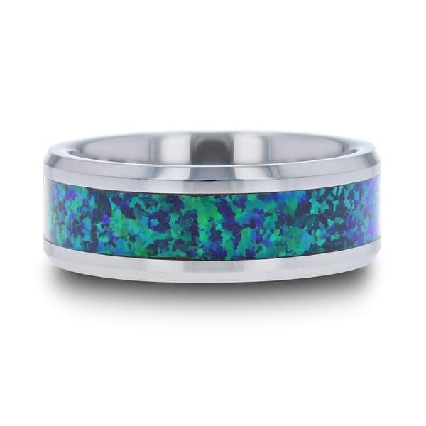 Thorsten Photon Men Tungsten Rings Wedding Ring Band Emerald Green And Sapphire Blue Opal Inlay Polished Beveled Edges 8mm Overstock 16634856