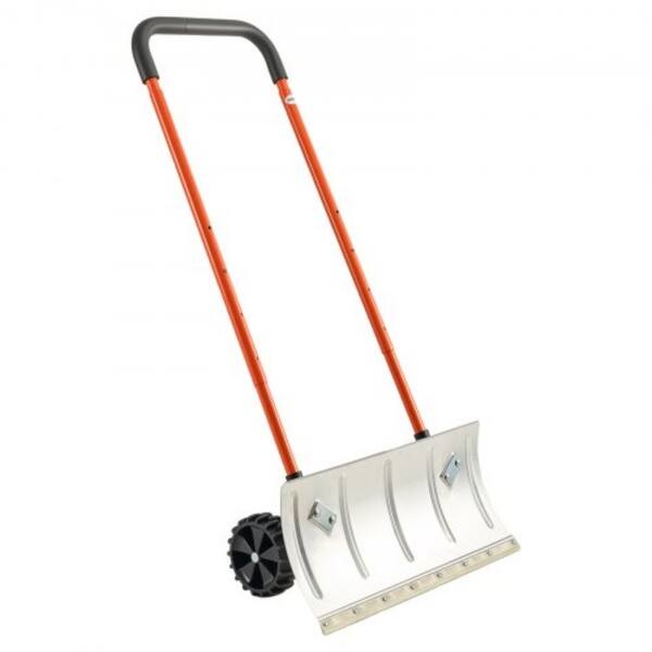 slide 2 of 11, 24 Inch Push Snow Shovel with Wide Blade Sturdy Frame and Anti-Slip Wheels for Driveway Yard or Sidewalk