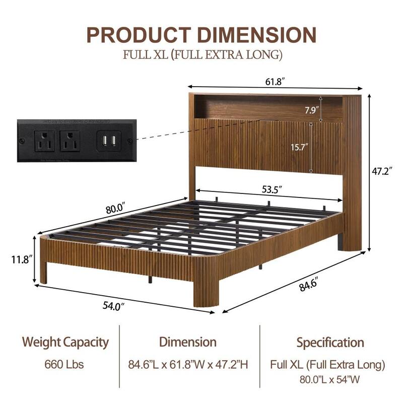Modern Full Extra Long Size Platform Bed Frame with Storage Headboard