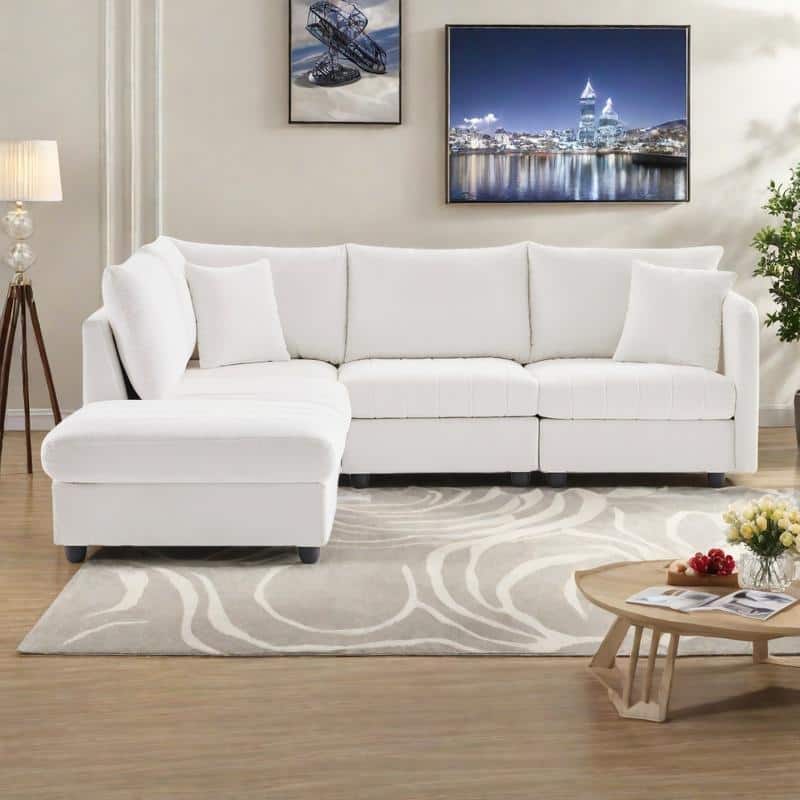89" Linen-Blend L-Shaped Sectional Sofa with Ottoman, 2 Pillows and Pocket Springs, 360lb Capacity - White