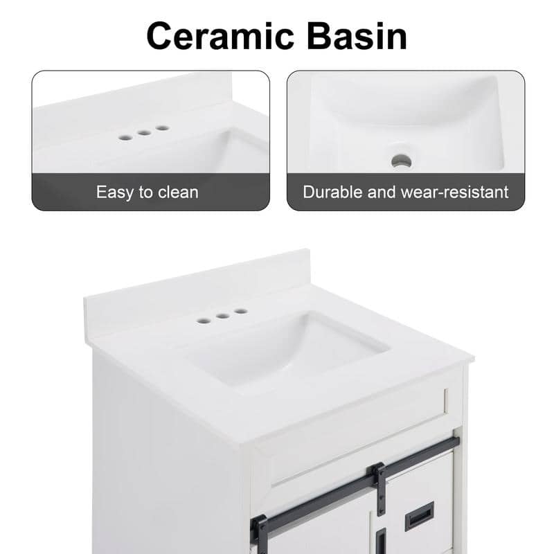 Freestanding White Farmhouse Bathroom Vanity Featuring A Single Undermount Sink Combo,Sliding Barn Doors,And Two Storage Drawers