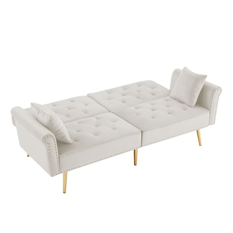 Velvet Tufted Sofa Couch with 2 Pillows and Nailhead Trim for Living Room, Entryway, Hallway, Office