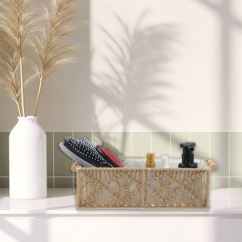 1 Set Woven Baskets Decor Box Macrame Storage Baskets for Home Wood Cotton - Brown