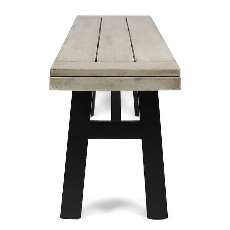 Roomfitters Outdoor Acacia Wood Patio Bench with Slat Panel Seat and Black Metal Legs