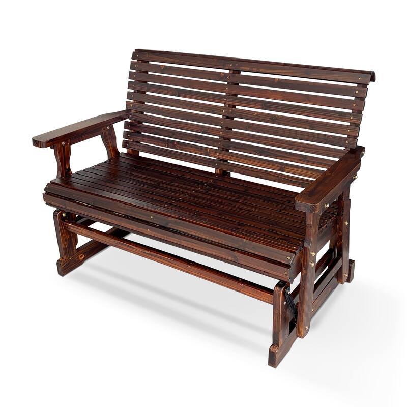 Wooden Patio Glider with High Roll Back and Deep Contoured Seat - Tan