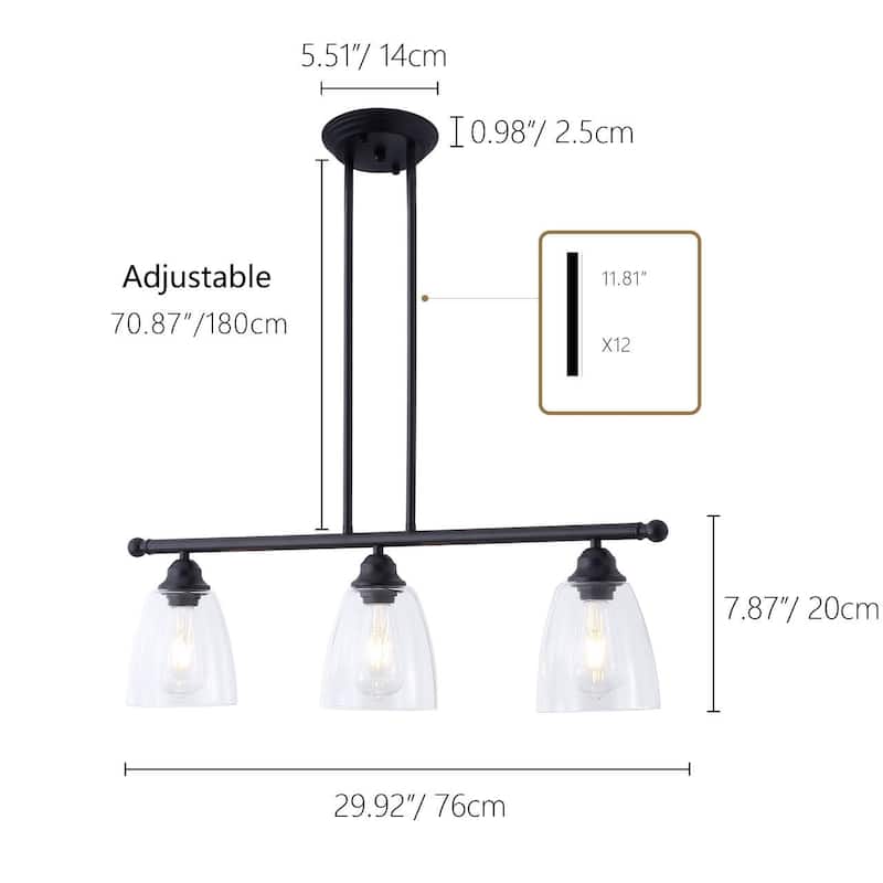 Modern Black 3-Light Glass Style Kitchen Island Pendant