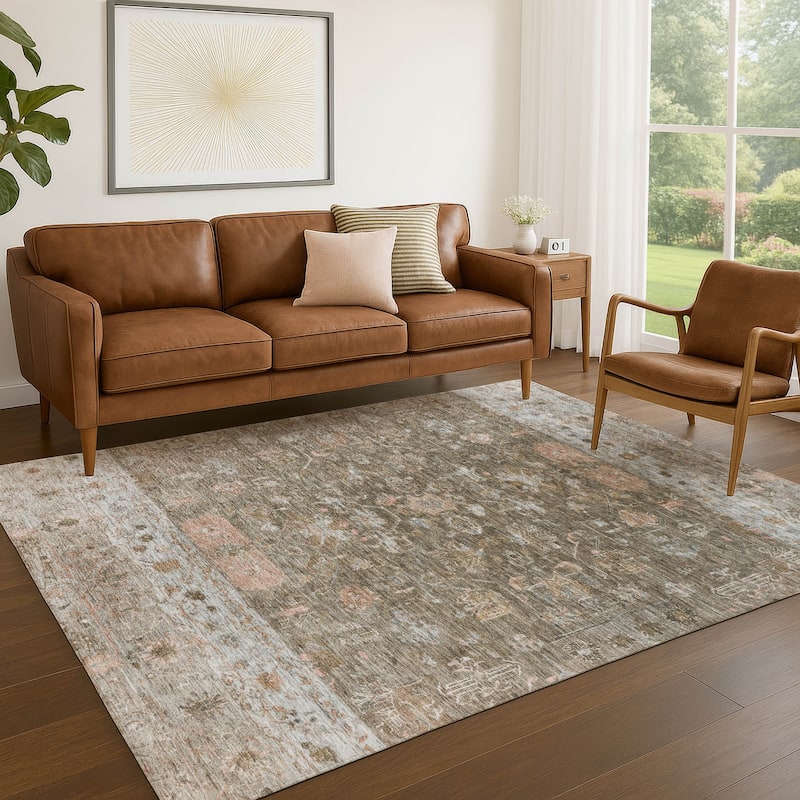 Machine Washable Indoor/ Outdoor Traditional Border Chantille Rug