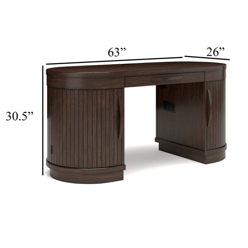 Jeno Home Office Desk, 2 Half Round Ribbed Doors, Brown Wood 63 Inch