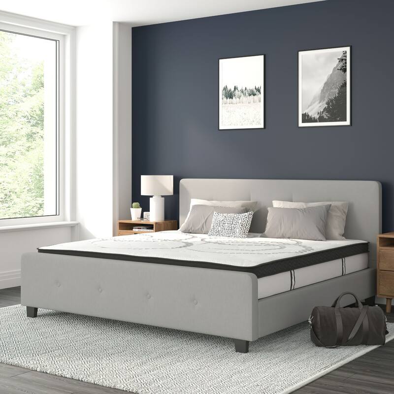 Tufted Platform Bed with 10 Inch Pocket Spring Mattress - Light Gray - King