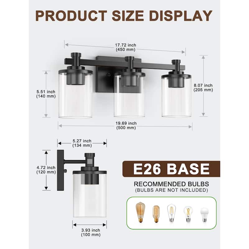 3 Light Vanity Lights, Black and Gold Wall Sconce Light with Clear Glass, Bathroom Light Fixtures