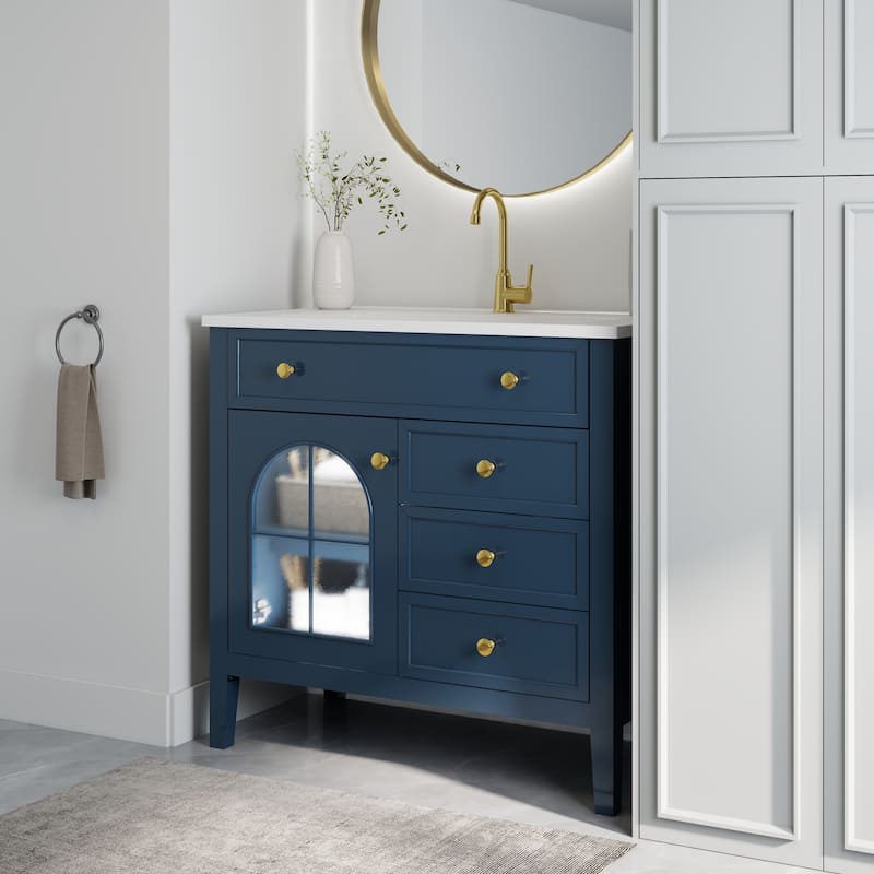 35.6-Inch Mid-Century Bathroom Vanity Sink with Patterned Glass & Motion-Sensor Light Strip, High-End Vanity Cabinet