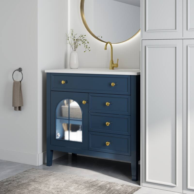 Freestanding 36" Bathroom Vanity Sink Cabinet with Motion-sensor Light Strip, Patterned Glass & Drawers - Blue - 36 Inch