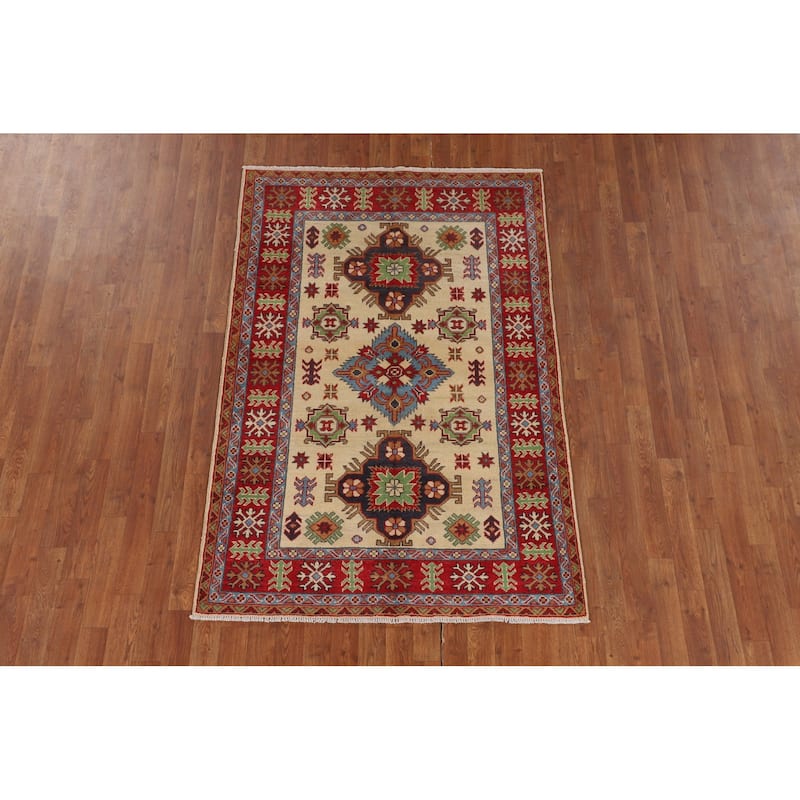 Traditional Kazak Area Rug Handmade Beige Geometric Wool Carpet - 3'11" x 5'11"
