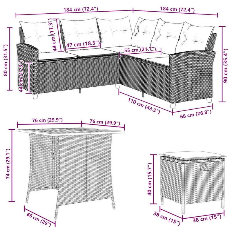 vidaXL Garden Sofa Set Grey PE rattan Large Removable Covers - 29.9 x 29.9 x 29.1