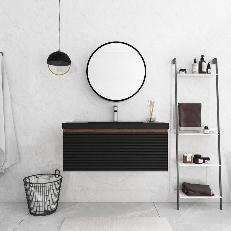 MDF Wall-Mounted Bathroom Vanity Set with Integrated Resin Sink with Drain in Matte Black - 35.43" x 19.69" x 16.14"