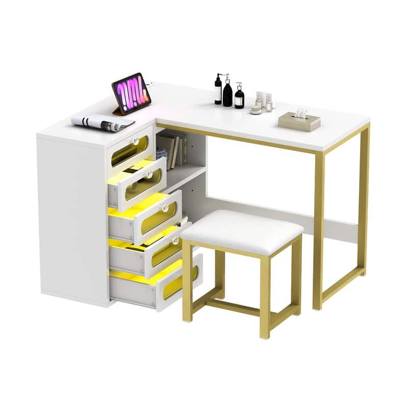 Moasis 5 Drawers L-Shape Nail Desk Set with Cushioned Stool and LED Light