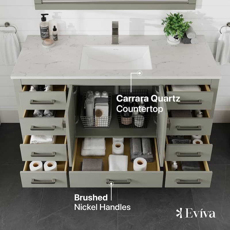 Eviva London 54"W x 21"D Bathroom Vanity with Carrara Quartz Top