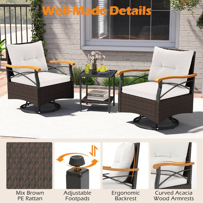 Costway 3 PCS Outdoor Swivel Chair Set with 2-Tier Tempered Glass Side - See Details